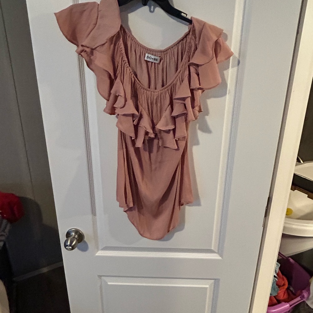 Pink Flutter Sleeve Blouse with Ruffled Asymmetrical Design